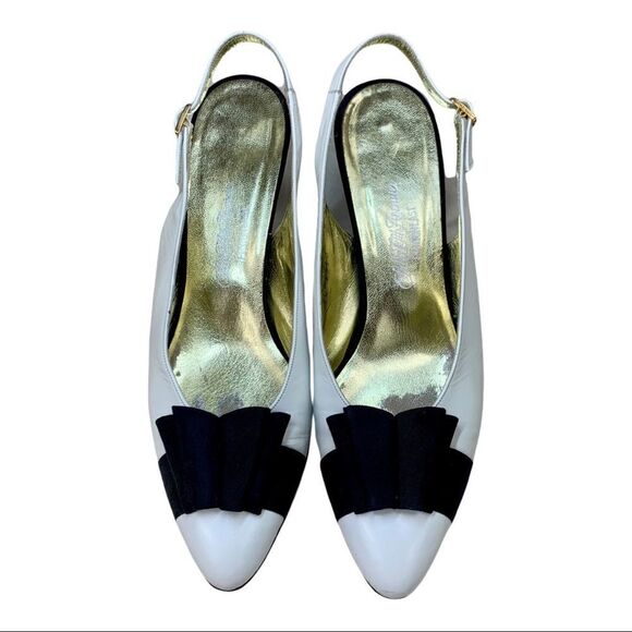 Saks Fifth Avenue Fenton Last Slingback White Leather Black Bow 8 Vintage - Picture 1 of 12